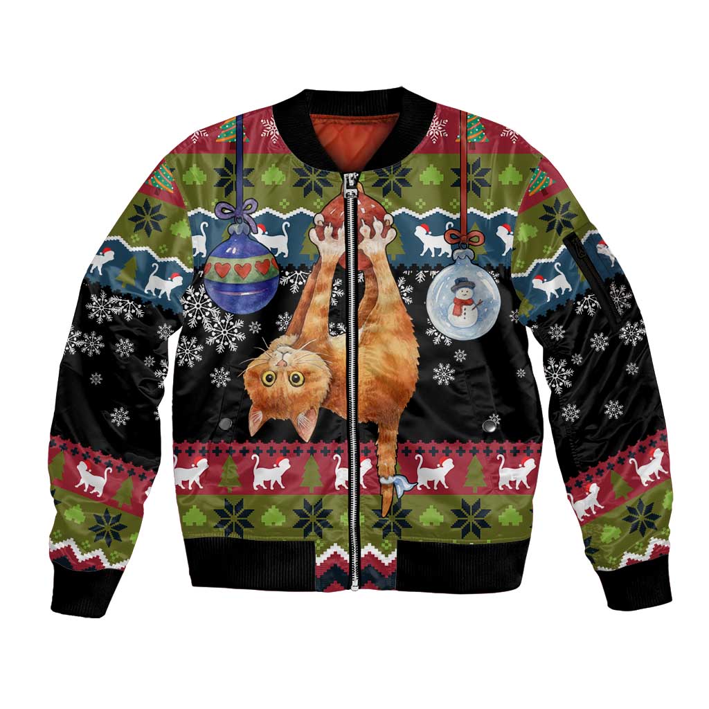 Cat Hanging on Xmas Tree Christmas Sleeve Zip Bomber Jacket Xmas Holiday Patterns - Wonder Print Shop