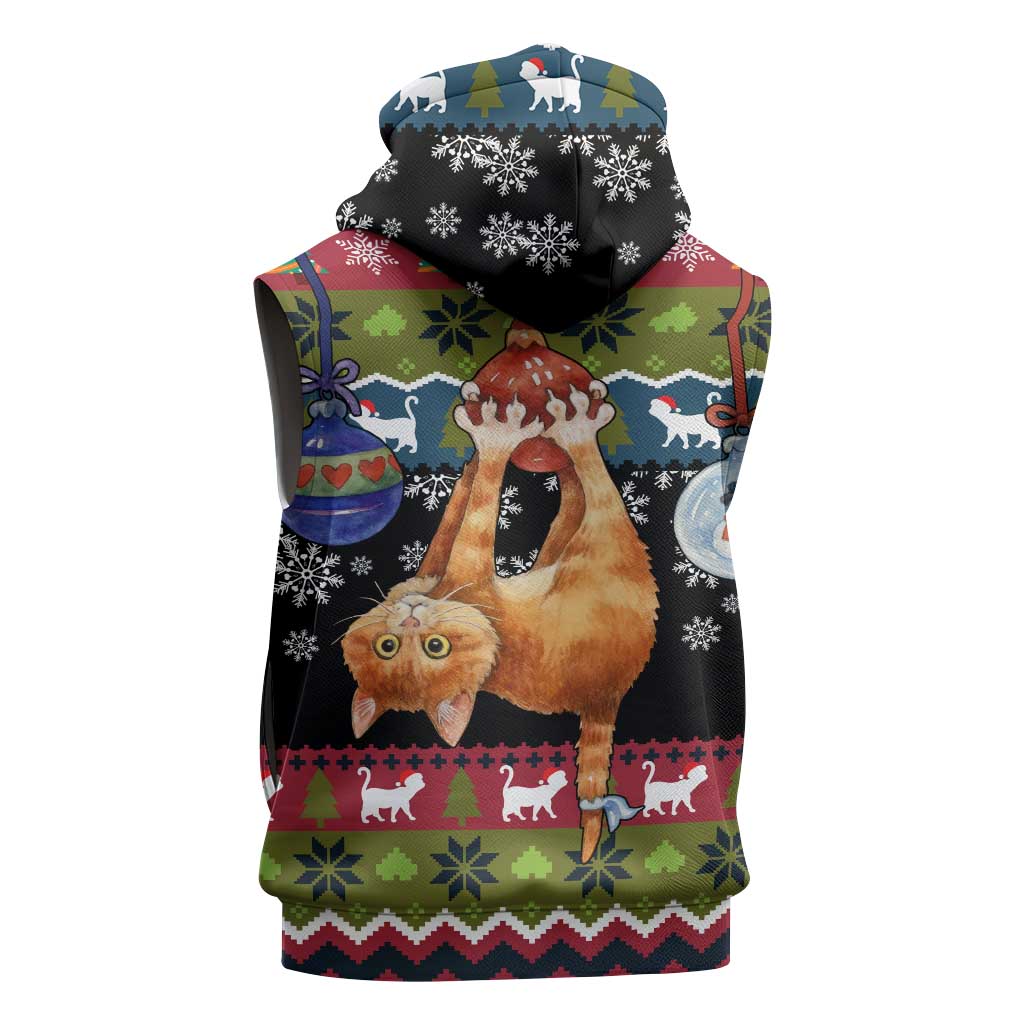 Cat Hanging on Xmas Tree Christmas Sleeveless Hoodie Xmas Holiday Patterns - Wonder Print Shop