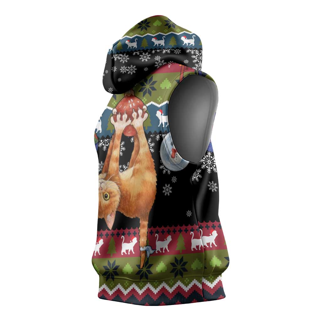 Cat Hanging on Xmas Tree Christmas Sleeveless Hoodie Xmas Holiday Patterns - Wonder Print Shop