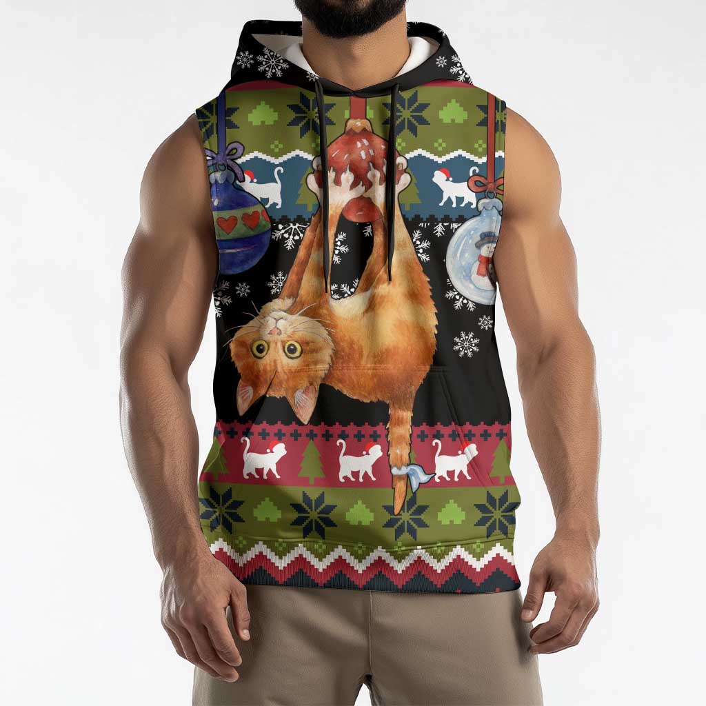Cat Hanging on Xmas Tree Christmas Sleeveless Hoodie Xmas Holiday Patterns - Wonder Print Shop