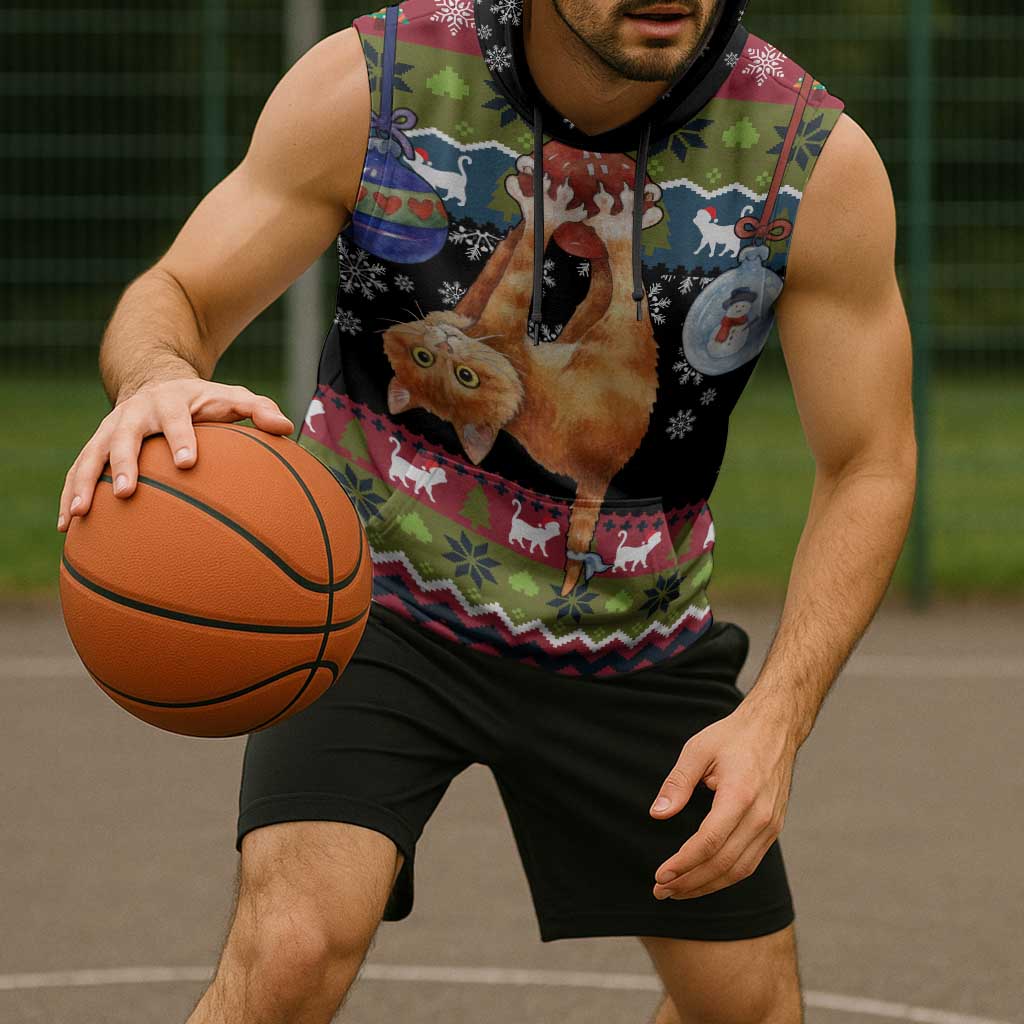 Cat Hanging on Xmas Tree Christmas Sleeveless Hoodie Xmas Holiday Patterns - Wonder Print Shop