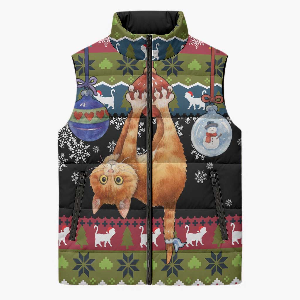 Cat Hanging on Xmas Tree Christmas Sleeveless Puffer Jacket Xmas Holiday Patterns - Wonder Print Shop