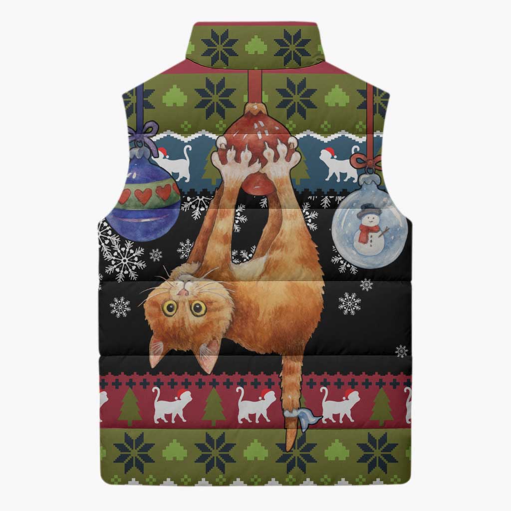 Cat Hanging on Xmas Tree Christmas Sleeveless Puffer Jacket Xmas Holiday Patterns - Wonder Print Shop