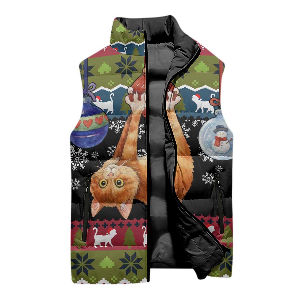 Cat Hanging on Xmas Tree Christmas Sleeveless Puffer Jacket Xmas Holiday Patterns - Wonder Print Shop