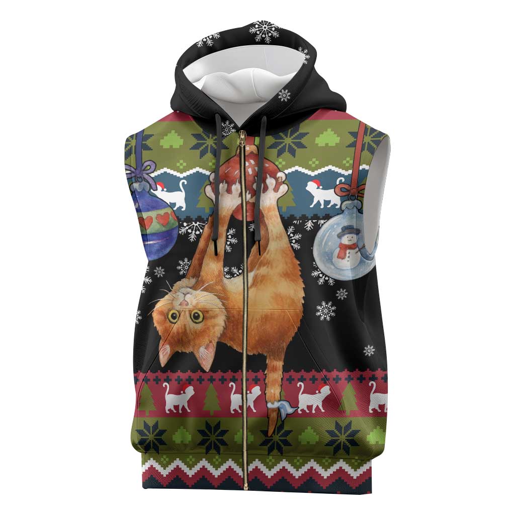 Cat Hanging on Xmas Tree Christmas Sleeveless Zip Hoodie Xmas Holiday Patterns - Wonder Print Shop