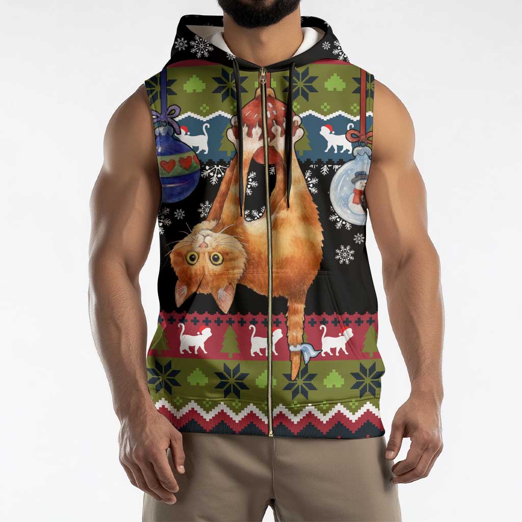 Cat Hanging on Xmas Tree Christmas Sleeveless Zip Hoodie Xmas Holiday Patterns - Wonder Print Shop