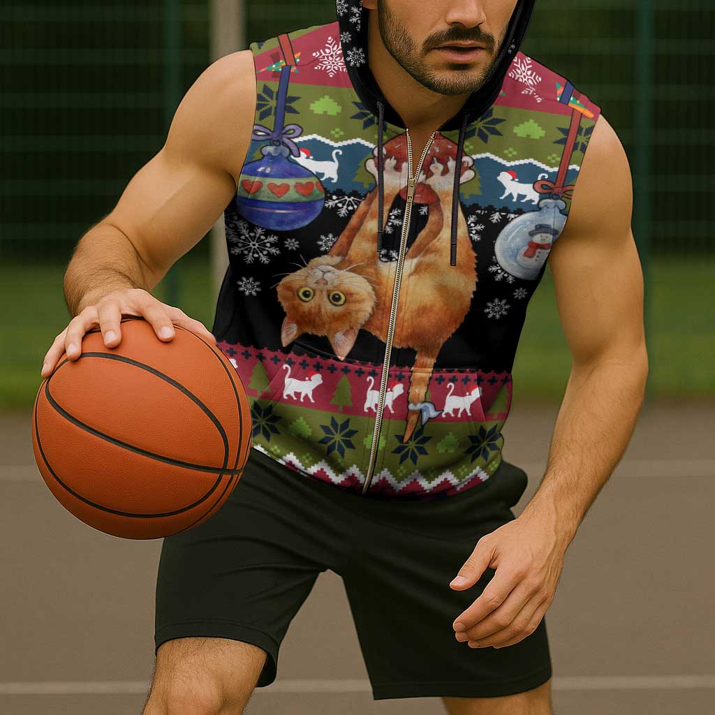 Cat Hanging on Xmas Tree Christmas Sleeveless Zip Hoodie Xmas Holiday Patterns - Wonder Print Shop