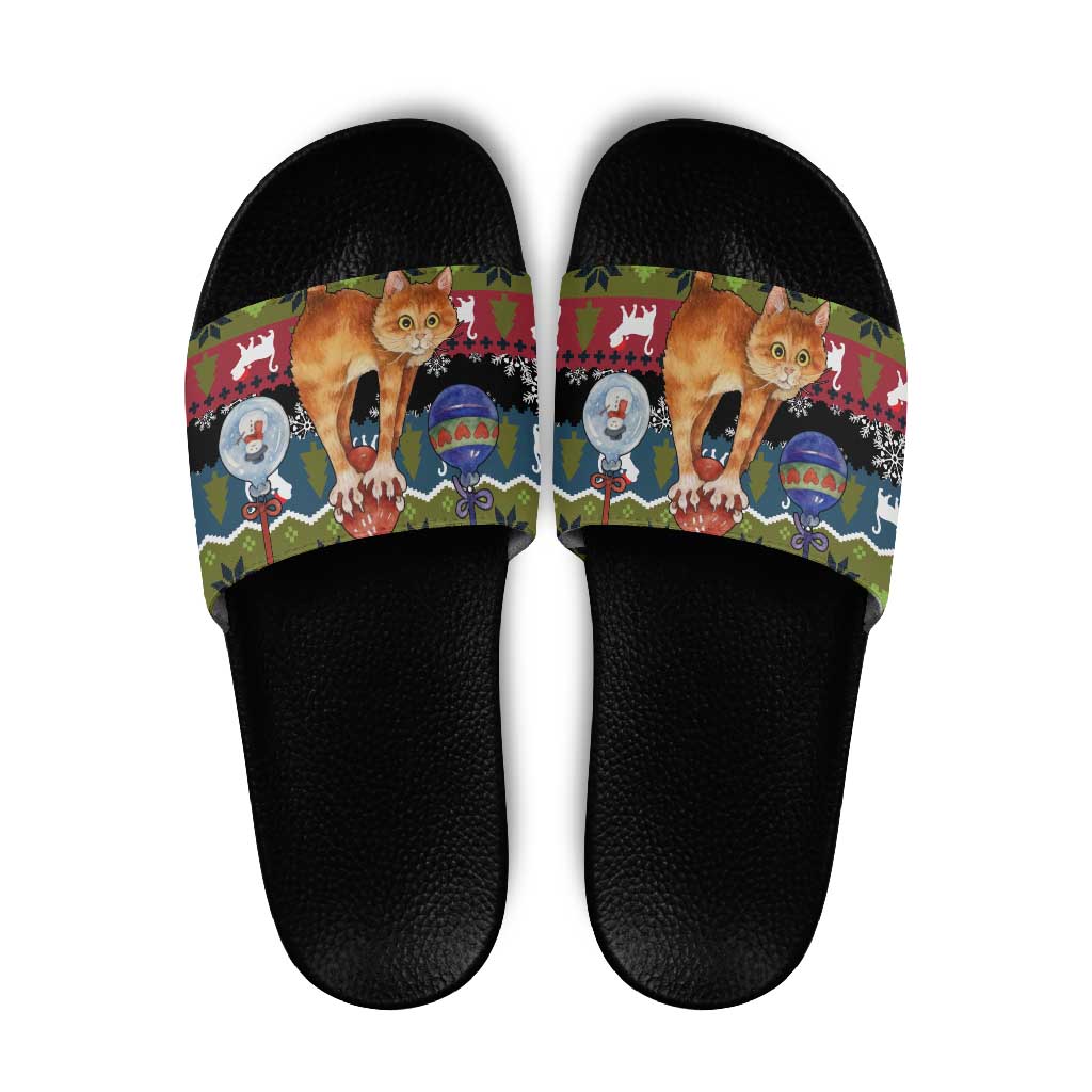 Cat Hanging on Xmas Tree Christmas Slide Sandals Xmas Holiday Patterns - Wonder Print Shop