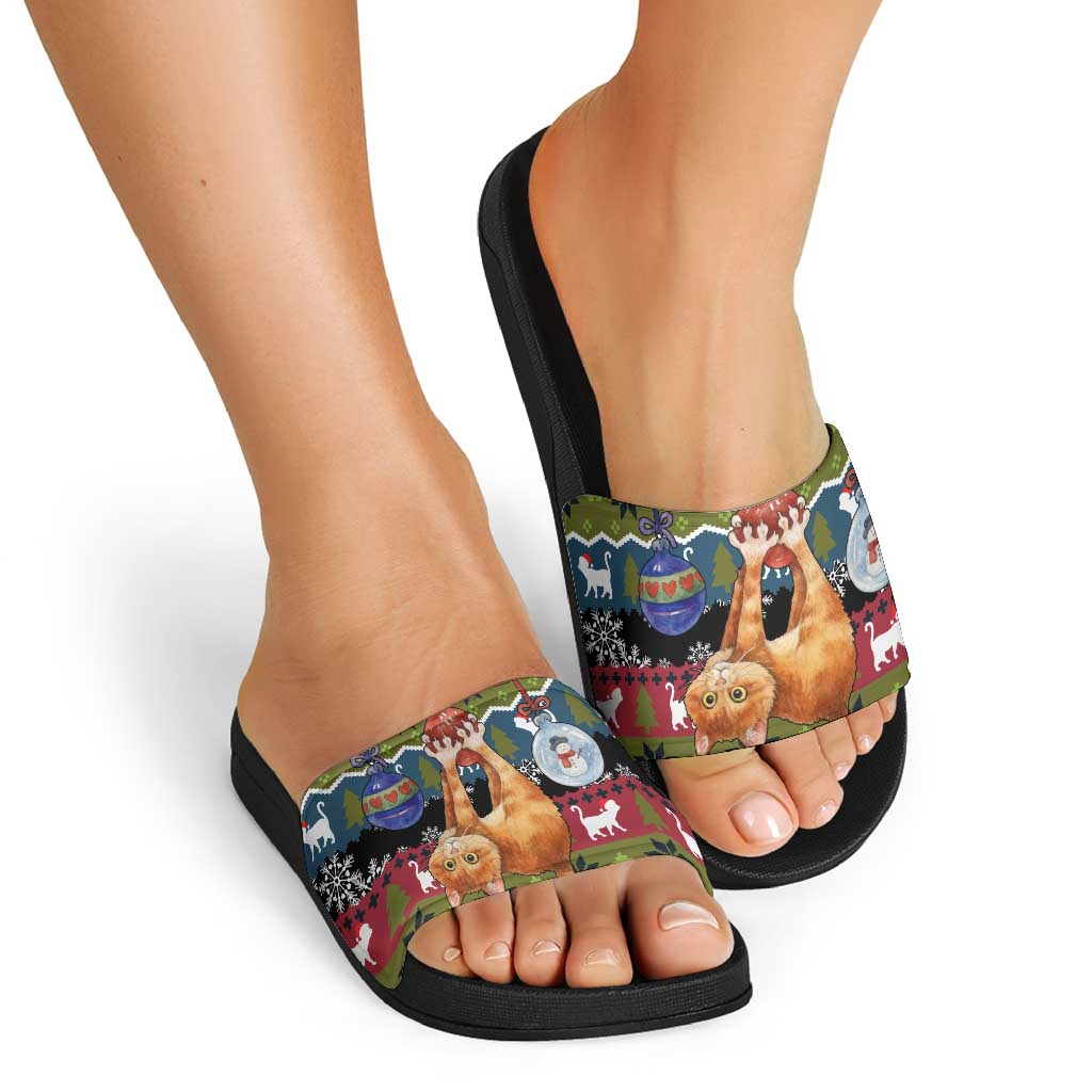 Cat Hanging on Xmas Tree Christmas Slide Sandals Xmas Holiday Patterns - Wonder Print Shop