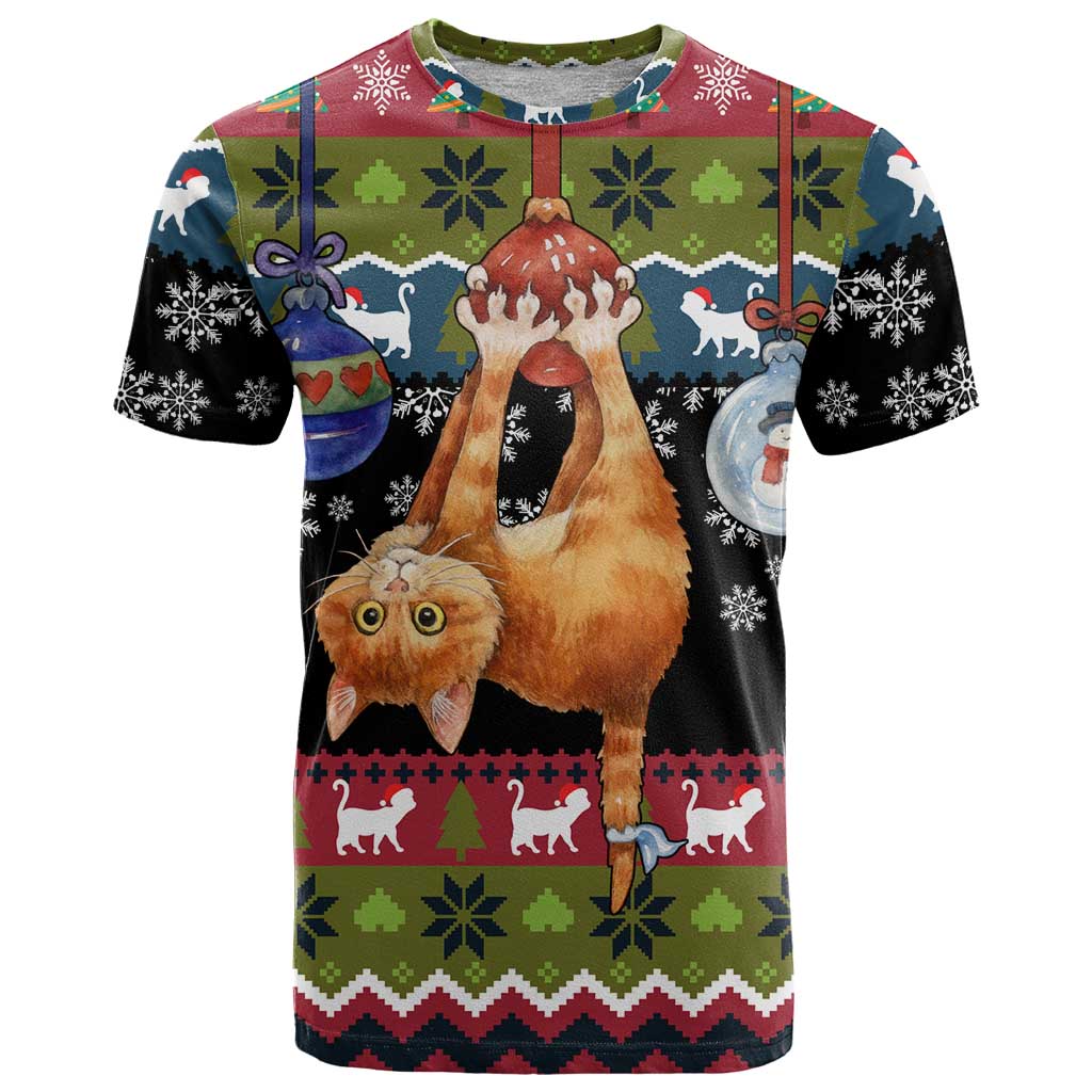 Cat Hanging on Xmas Tree Christmas T Shirt Xmas Holiday Patterns - Wonder Print Shop