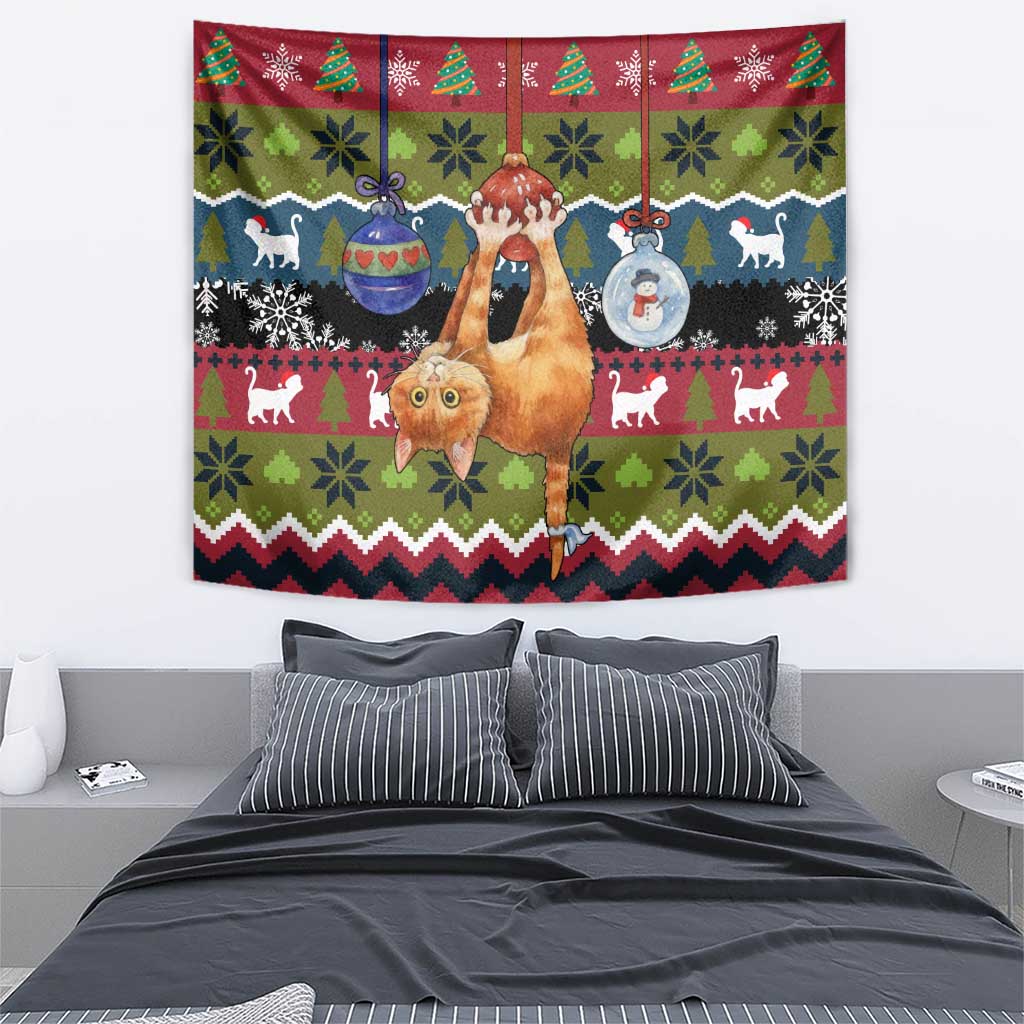 Cat Hanging on Xmas Tree Christmas Tapestry Xmas Holiday Patterns - Wonder Print Shop