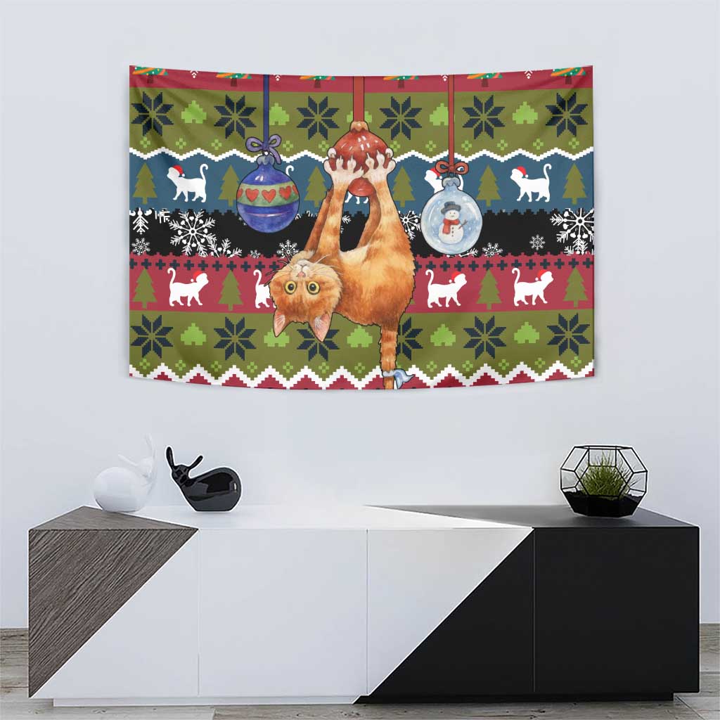 Cat Hanging on Xmas Tree Christmas Tapestry Xmas Holiday Patterns - Wonder Print Shop