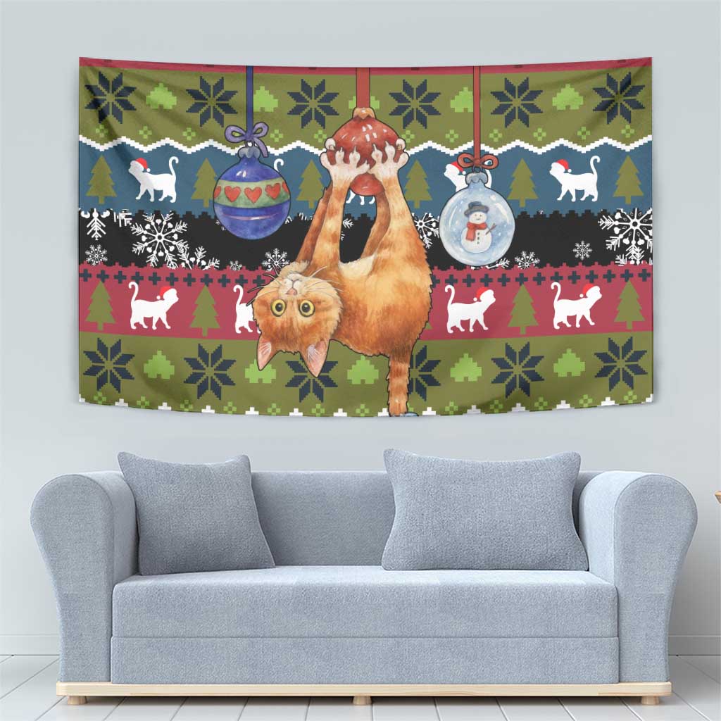 Cat Hanging on Xmas Tree Christmas Tapestry Xmas Holiday Patterns - Wonder Print Shop