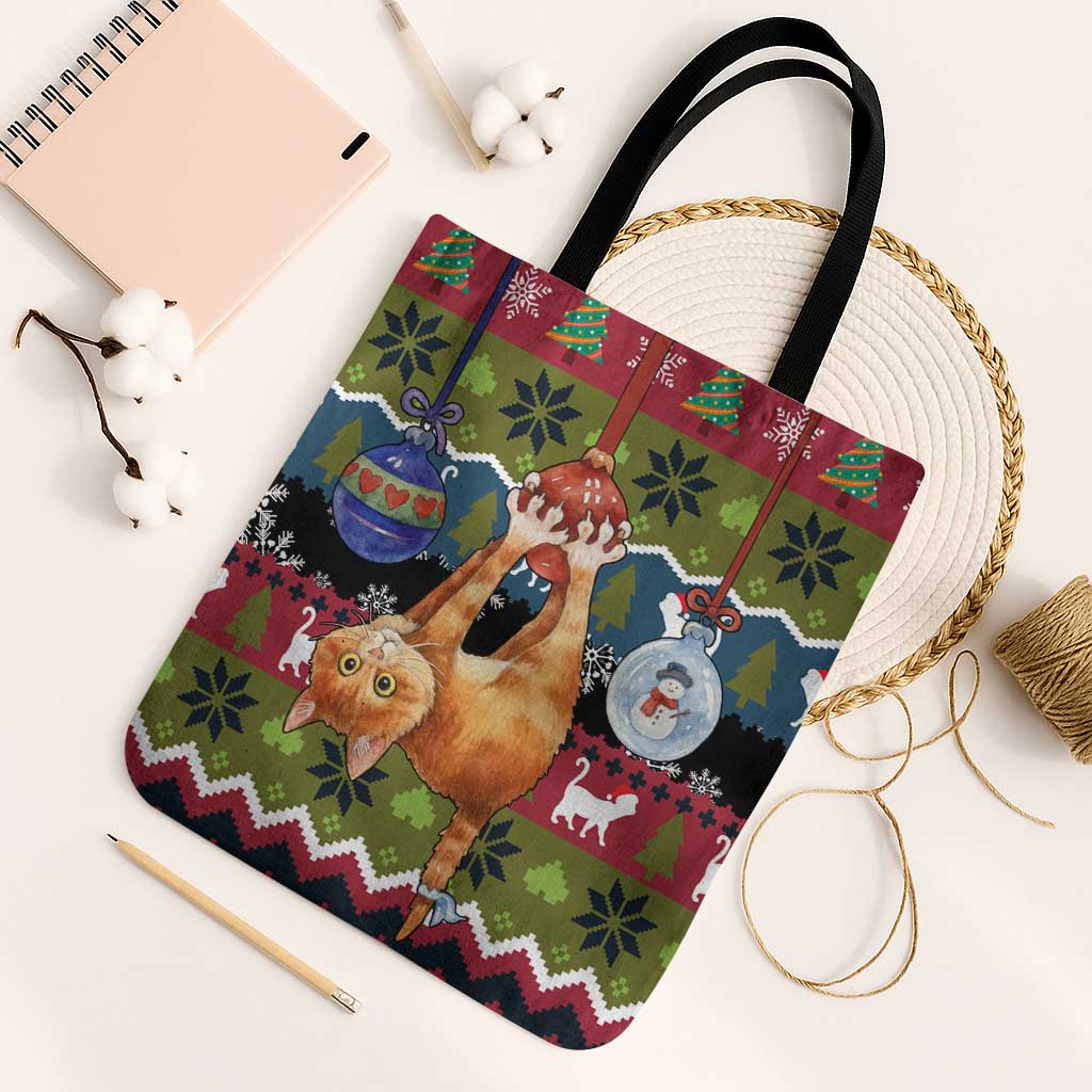 Cat Hanging on Xmas Tree Christmas Tote Bag Xmas Holiday Patterns - Wonder Print Shop
