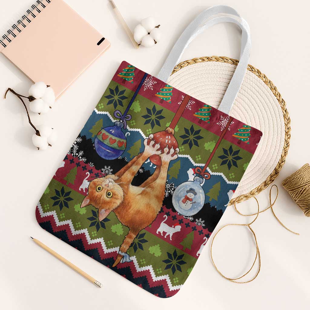 Cat Hanging on Xmas Tree Christmas Tote Bag Xmas Holiday Patterns - Wonder Print Shop