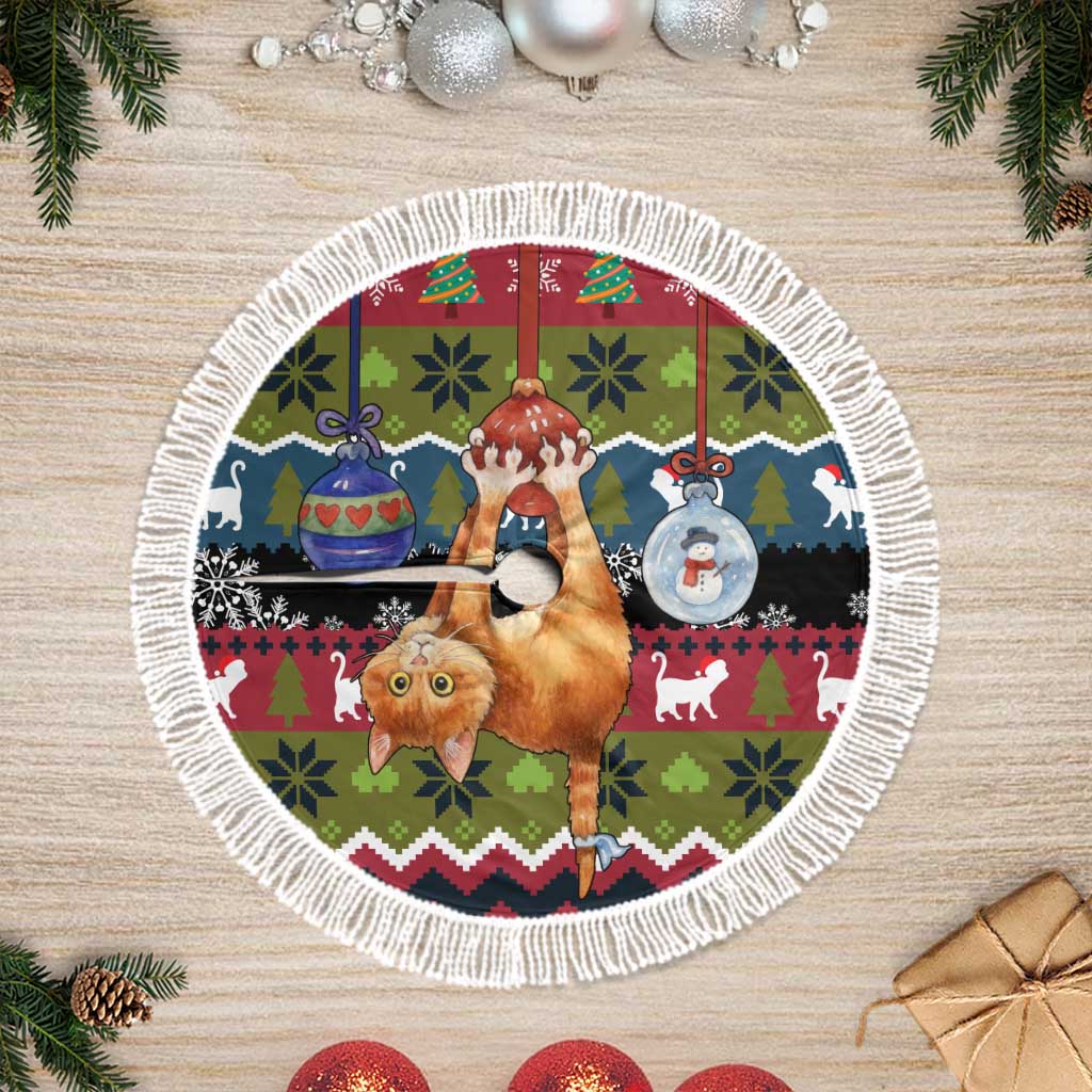 Cat Hanging on Xmas Tree Christmas Tree Skirt Xmas Holiday Patterns - Wonder Print Shop