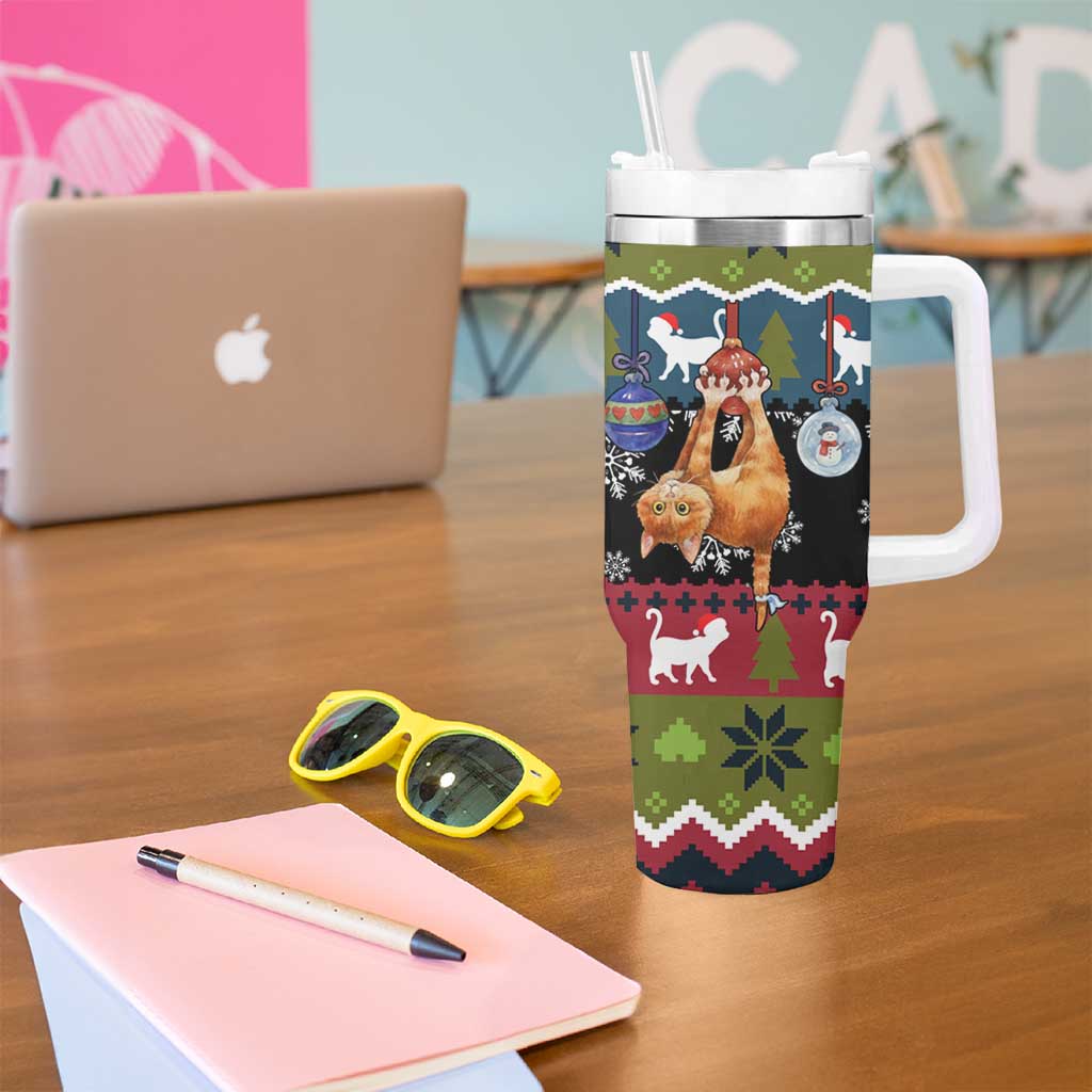 Cat Hanging on Xmas Tree Christmas Tumbler With Handle Xmas Holiday Patterns - Wonder Print Shop