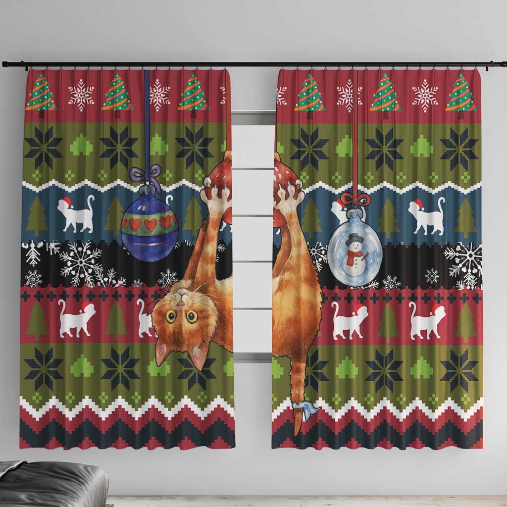 Cat Hanging on Xmas Tree Christmas Window Curtain Xmas Holiday Patterns - Wonder Print Shop