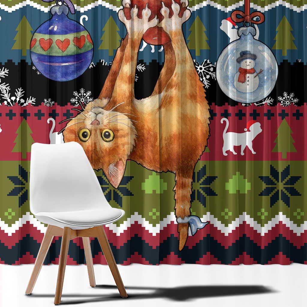 Cat Hanging on Xmas Tree Christmas Window Curtain Xmas Holiday Patterns - Wonder Print Shop