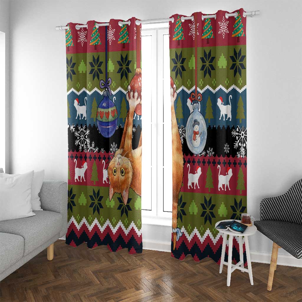 Cat Hanging on Xmas Tree Christmas Window Curtain Xmas Holiday Patterns - Wonder Print Shop