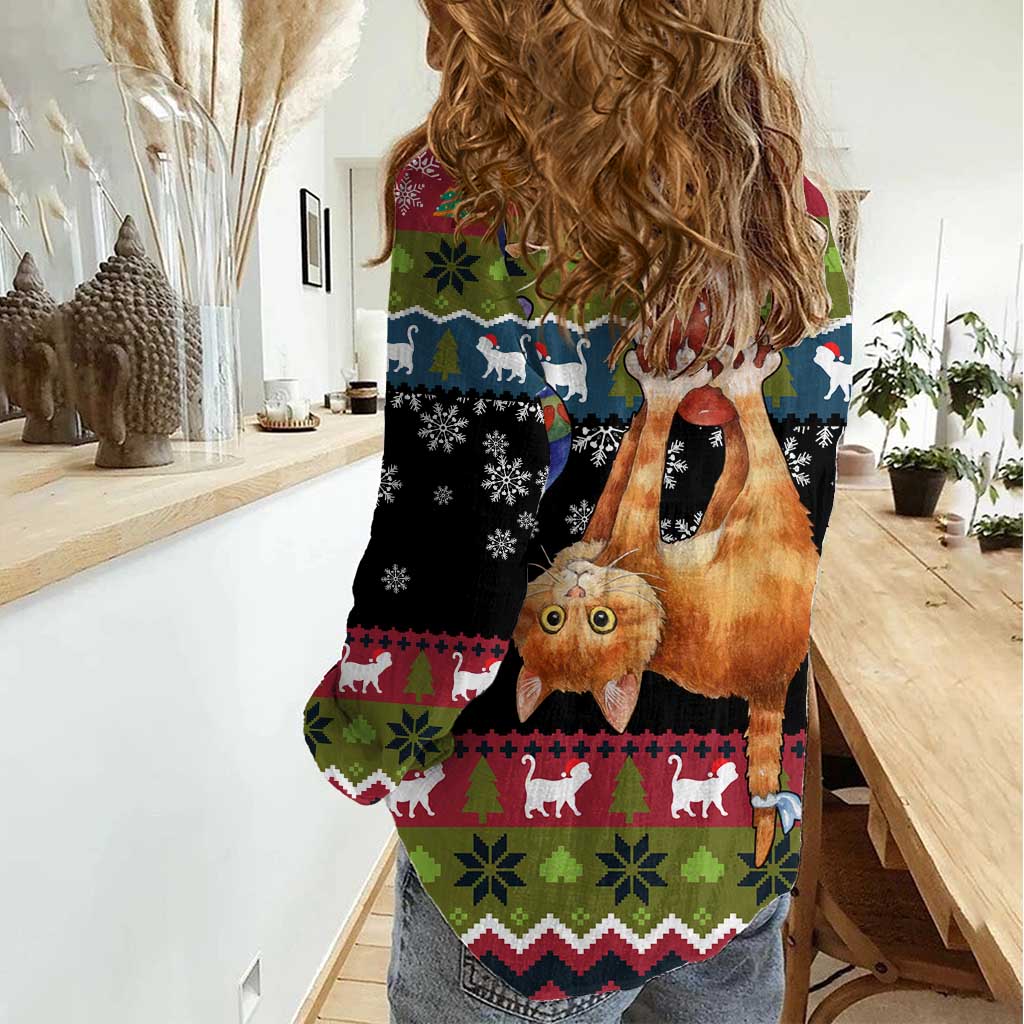 Cat Hanging on Xmas Tree Christmas Women Casual Shirt Xmas Holiday Patterns - Wonder Print Shop