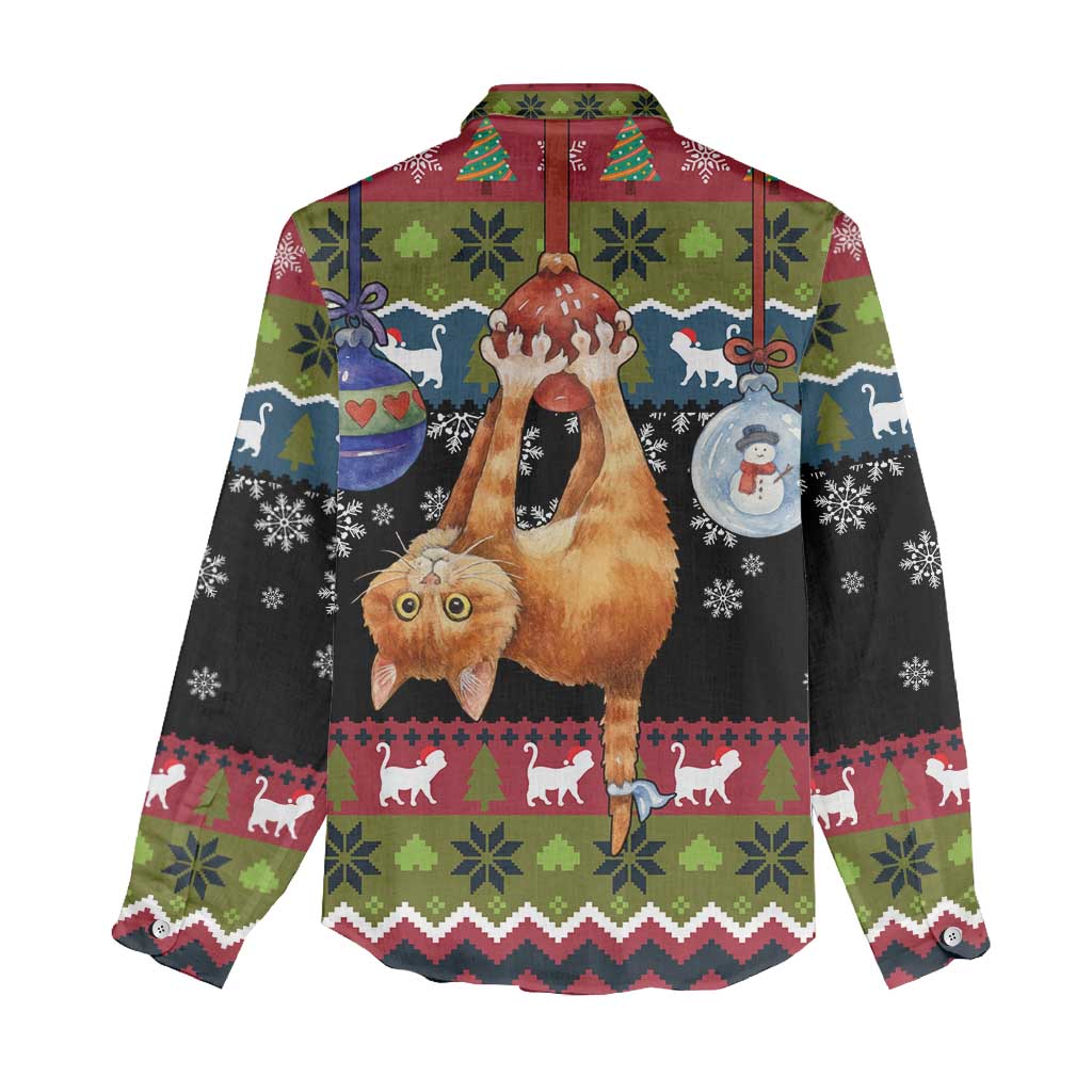 Cat Hanging on Xmas Tree Christmas Women Casual Shirt Xmas Holiday Patterns - Wonder Print Shop
