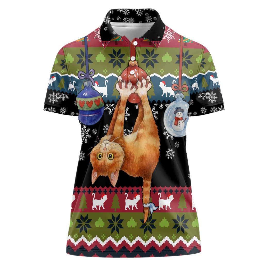 Cat Hanging on Xmas Tree Christmas Women Polo Shirt Xmas Holiday Patterns - Wonder Print Shop