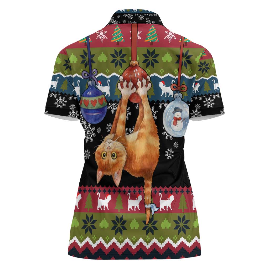 Cat Hanging on Xmas Tree Christmas Women Polo Shirt Xmas Holiday Patterns - Wonder Print Shop