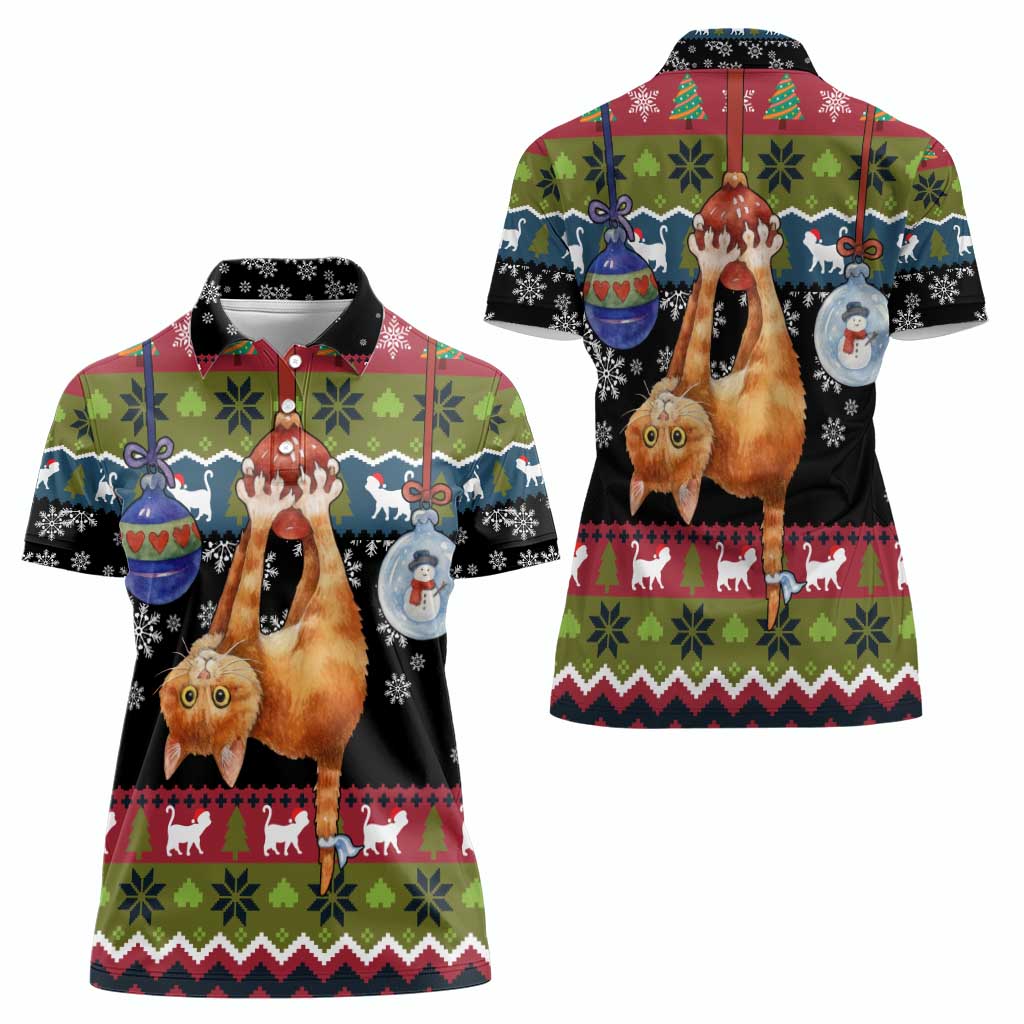 Cat Hanging on Xmas Tree Christmas Women Polo Shirt Xmas Holiday Patterns - Wonder Print Shop