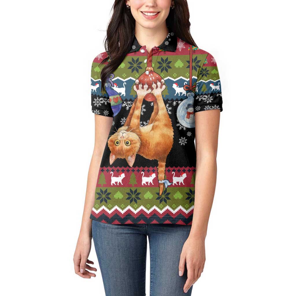 Cat Hanging on Xmas Tree Christmas Women Polo Shirt Xmas Holiday Patterns - Wonder Print Shop