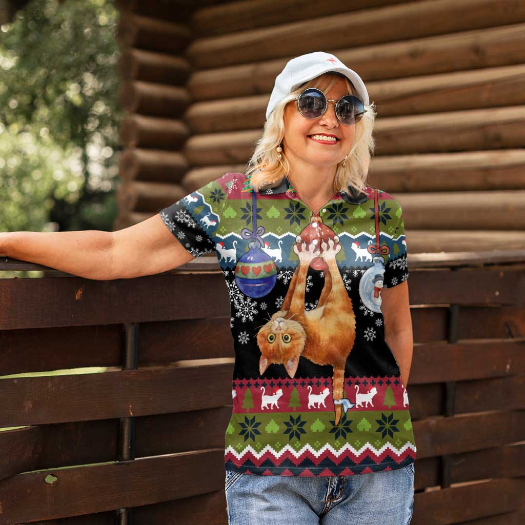 Cat Hanging on Xmas Tree Christmas Women Polo Shirt Xmas Holiday Patterns - Wonder Print Shop
