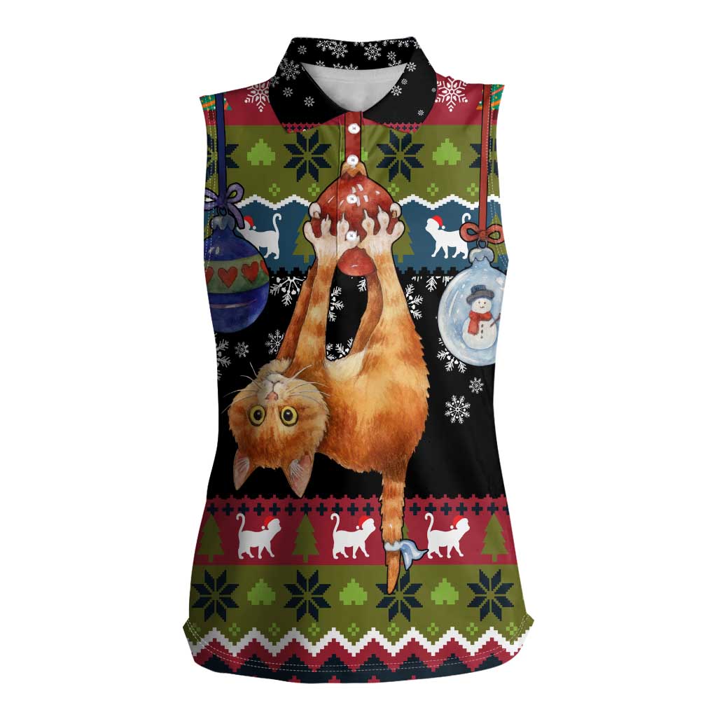 Cat Hanging on Xmas Tree Christmas Women Sleeveless Polo Shirt Xmas Holiday Patterns - Wonder Print Shop