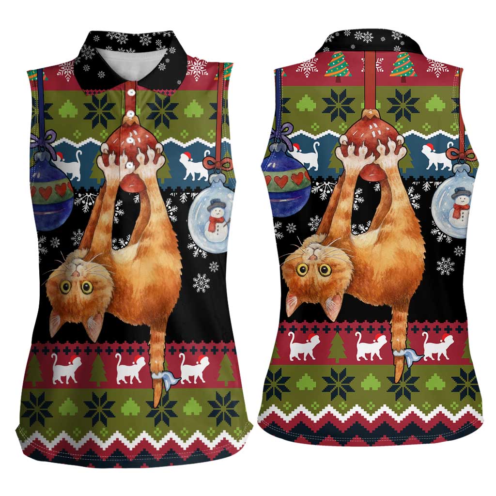 Cat Hanging on Xmas Tree Christmas Women Sleeveless Polo Shirt Xmas Holiday Patterns - Wonder Print Shop