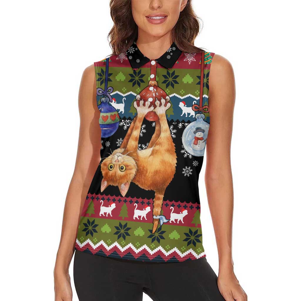 Cat Hanging on Xmas Tree Christmas Women Sleeveless Polo Shirt Xmas Holiday Patterns - Wonder Print Shop