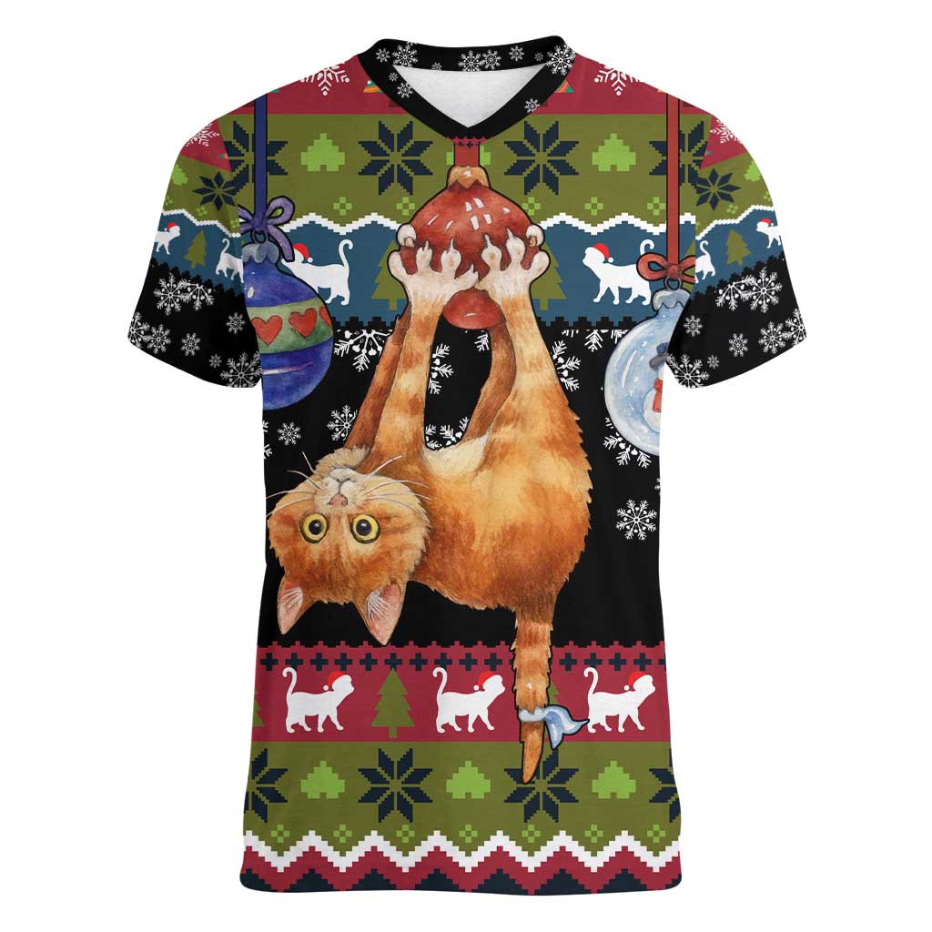 Cat Hanging on Xmas Tree Christmas Women V-Neck T-Shirt Xmas Holiday Patterns - Wonder Print Shop
