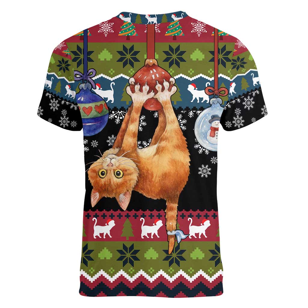 Cat Hanging on Xmas Tree Christmas Women V-Neck T-Shirt Xmas Holiday Patterns - Wonder Print Shop
