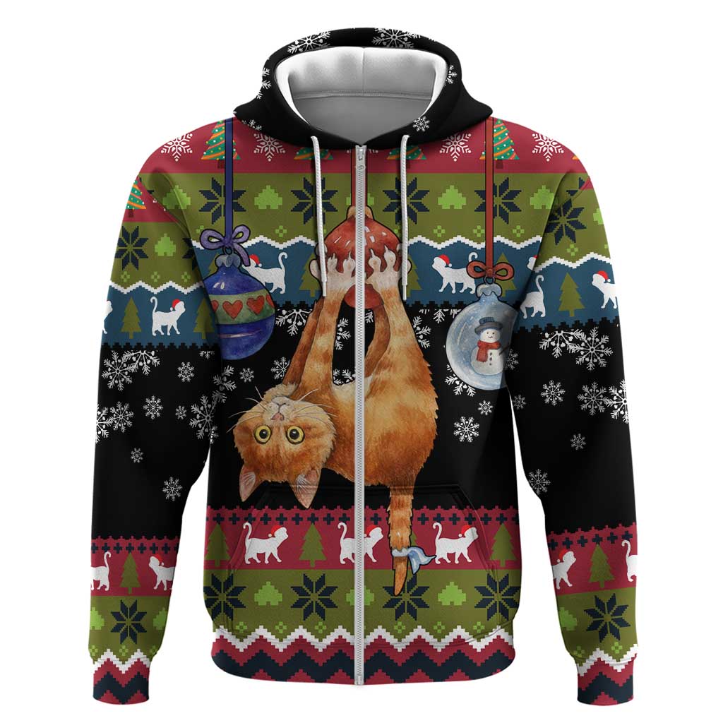 Cat Hanging on Xmas Tree Christmas Zip Hoodie Xmas Holiday Patterns - Wonder Print Shop