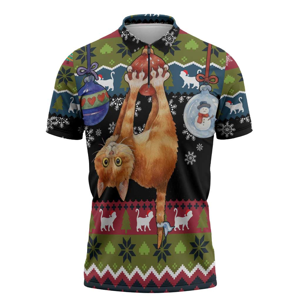 Cat Hanging on Xmas Tree Christmas Zipper Polo Shirt Xmas Holiday Patterns - Wonder Print Shop