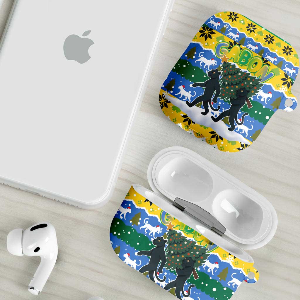 Gabon Christmas AirPods Case with Black Panthers Carrying Tree and Green Yellow Snowflake Pattern - Wonder Print Shop