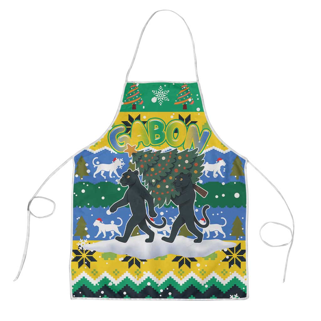 Gabon Christmas Apron with Black Panthers Carrying Tree and Green Yellow Snowflake Pattern - Wonder Print Shop