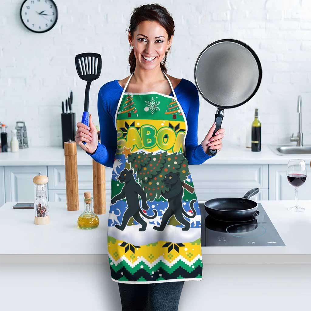 Gabon Christmas Apron with Black Panthers Carrying Tree and Green Yellow Snowflake Pattern - Wonder Print Shop