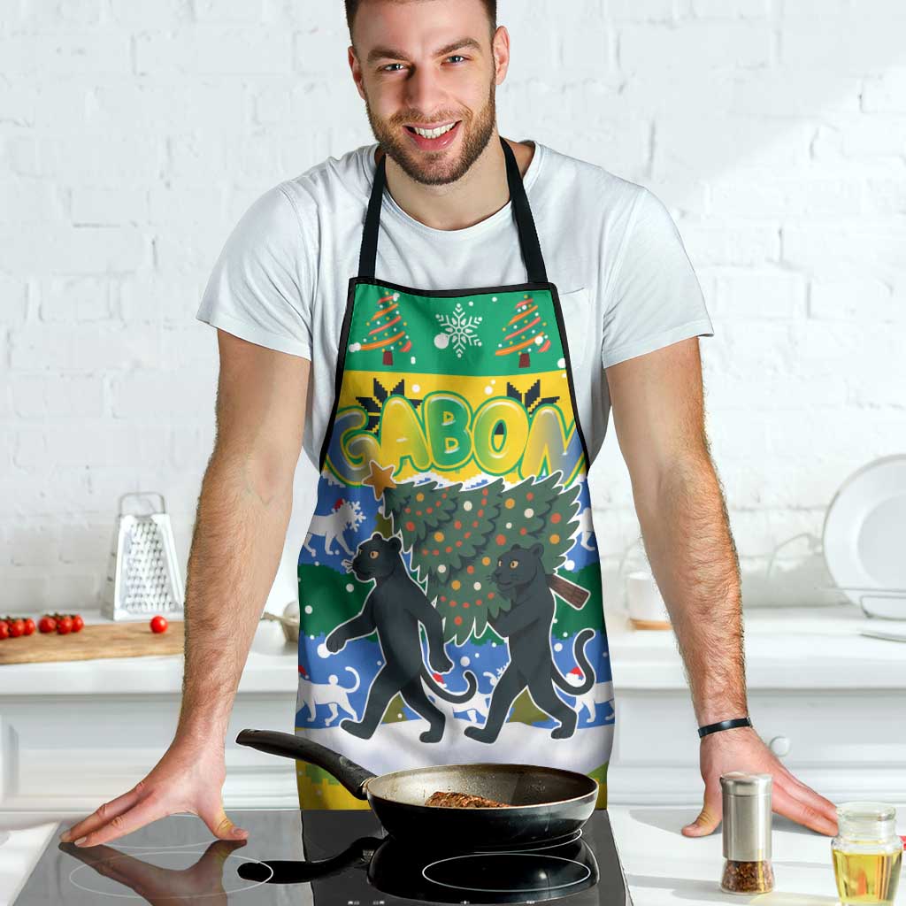 Gabon Christmas Apron with Black Panthers Carrying Tree and Green Yellow Snowflake Pattern - Wonder Print Shop