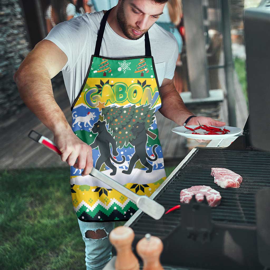 Gabon Christmas Apron with Black Panthers Carrying Tree and Green Yellow Snowflake Pattern - Wonder Print Shop