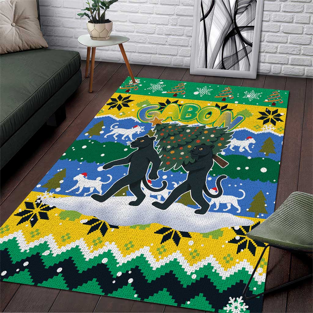 Gabon Christmas Area Rug with Black Panthers Carrying Tree and Green Yellow Snowflake Pattern - Wonder Print Shop