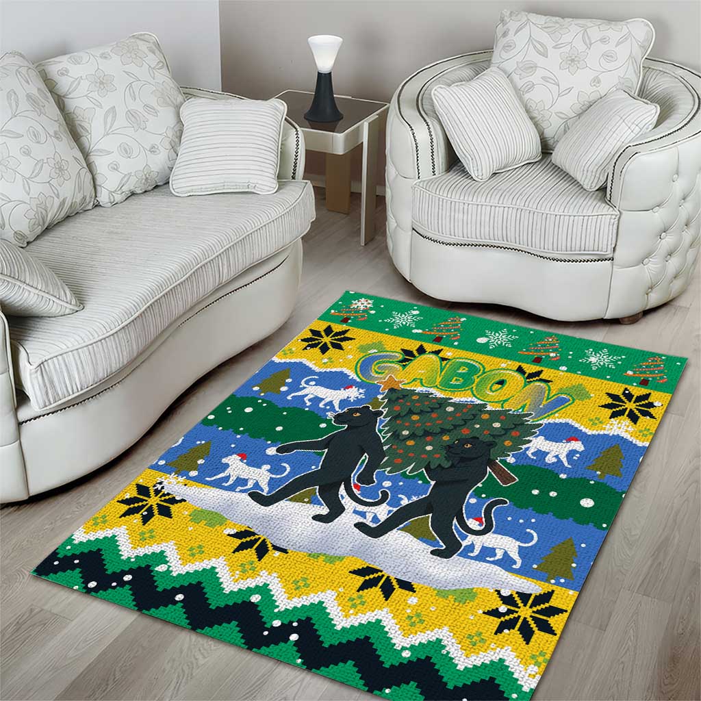 Gabon Christmas Area Rug with Black Panthers Carrying Tree and Green Yellow Snowflake Pattern - Wonder Print Shop
