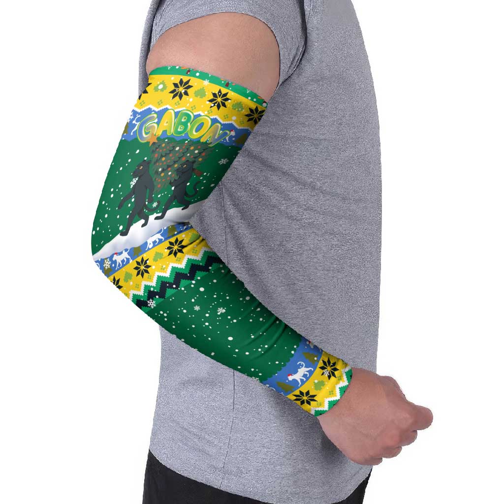 Gabon Christmas Arm Sleeves with Black Panthers Carrying Tree and Green Yellow Snowflake Pattern - Wonder Print Shop