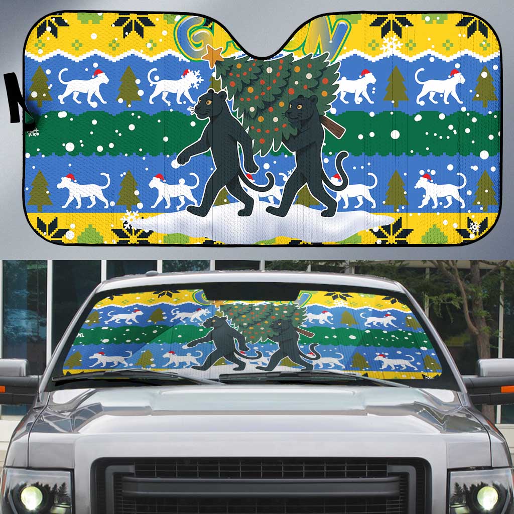 Gabon Christmas Auto Sun Shade with Black Panthers Carrying Tree and Green Yellow Snowflake Pattern - Wonder Print Shop