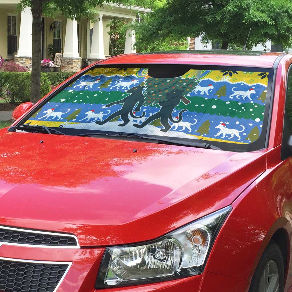 Gabon Christmas Auto Sun Shade with Black Panthers Carrying Tree and Green Yellow Snowflake Pattern - Wonder Print Shop