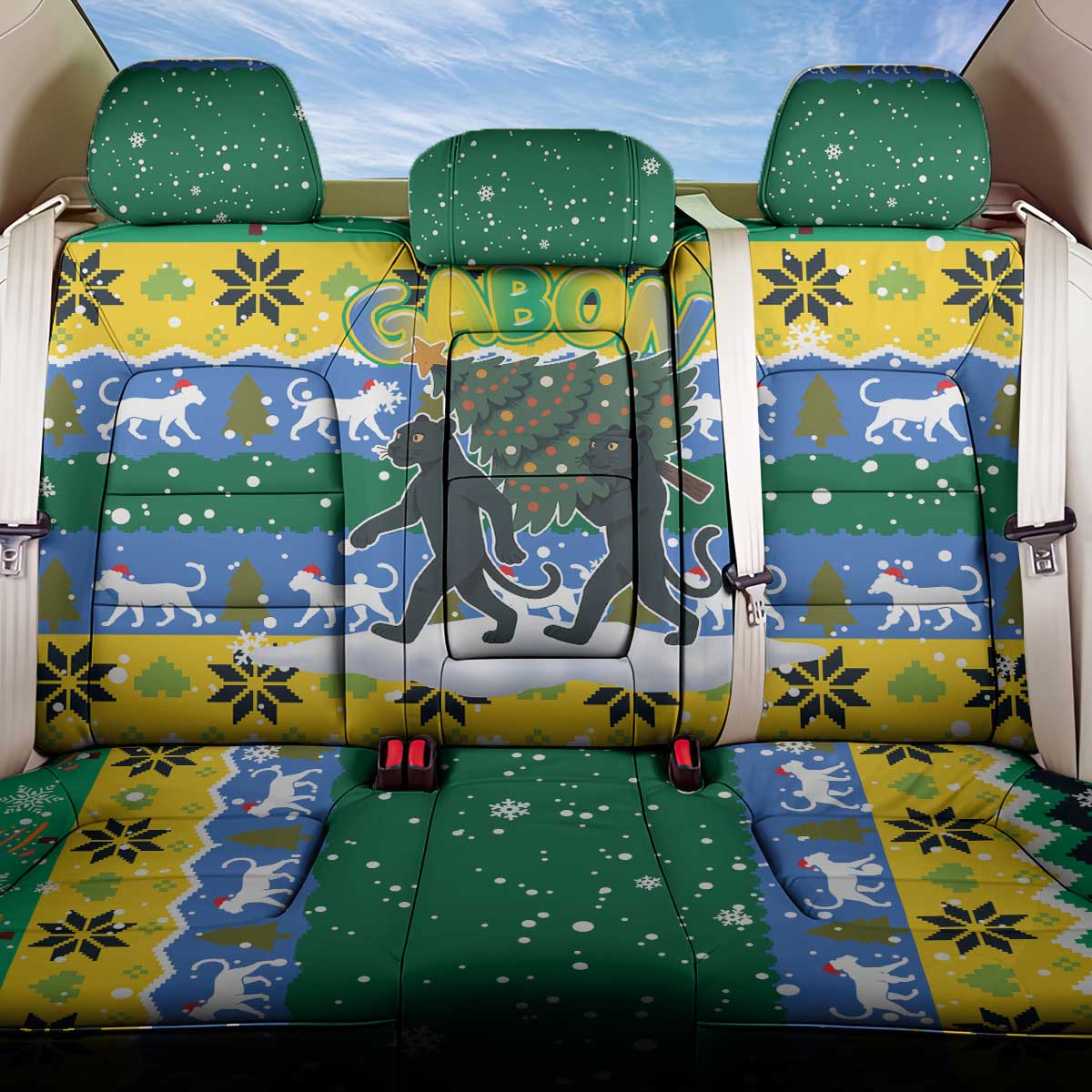 Gabon Christmas Back Car Seat Cover with Black Panthers Carrying Tree and Green Yellow Snowflake Pattern - Wonder Print Shop