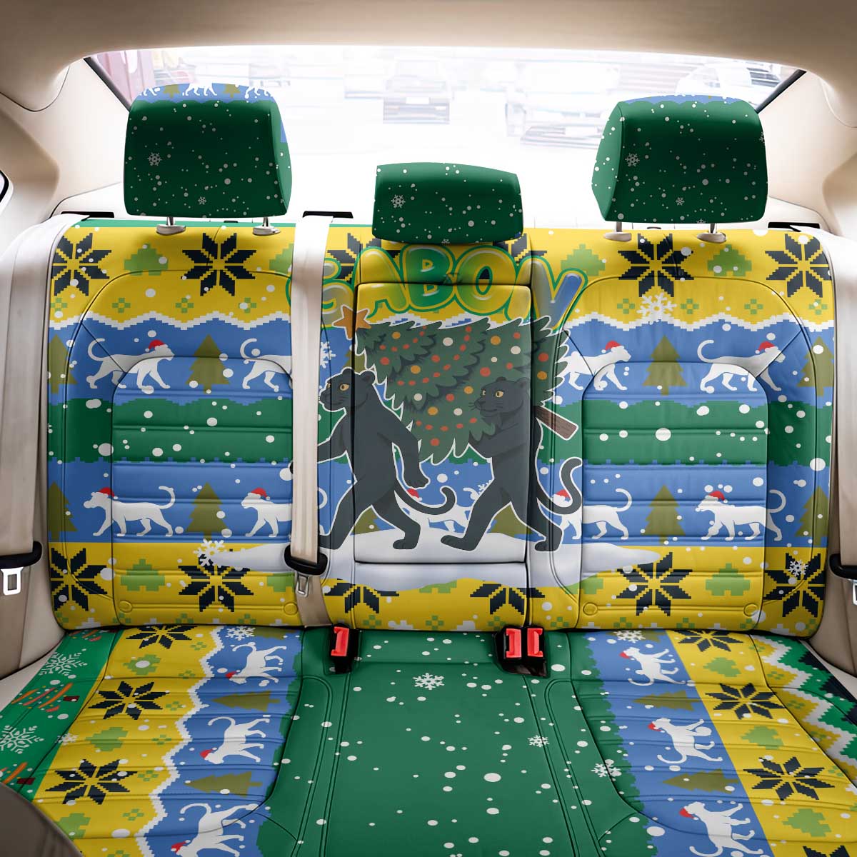 Gabon Christmas Back Car Seat Cover with Black Panthers Carrying Tree and Green Yellow Snowflake Pattern - Wonder Print Shop